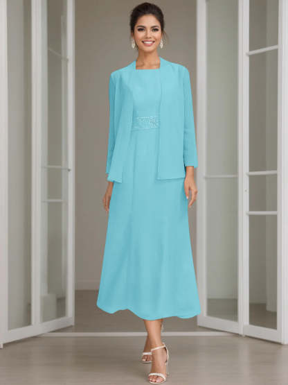 Tea-Length Mother of the Bride Sheath Dress with Beaded Jacket