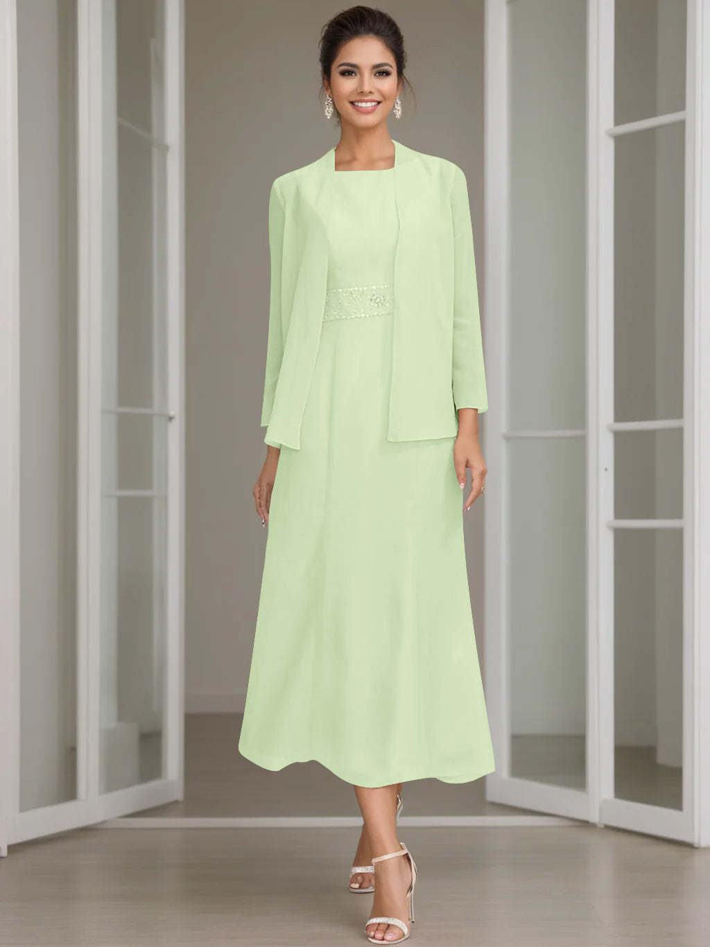Tea-Length Mother of the Bride Sheath Dress with Beaded Jacket