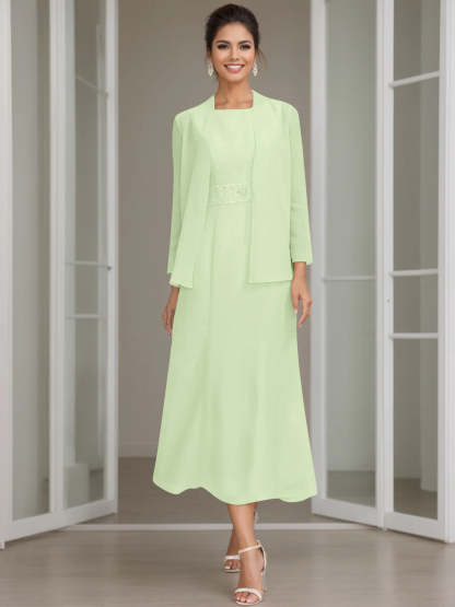 Tea-Length Mother of the Bride Sheath Dress with Beaded Jacket