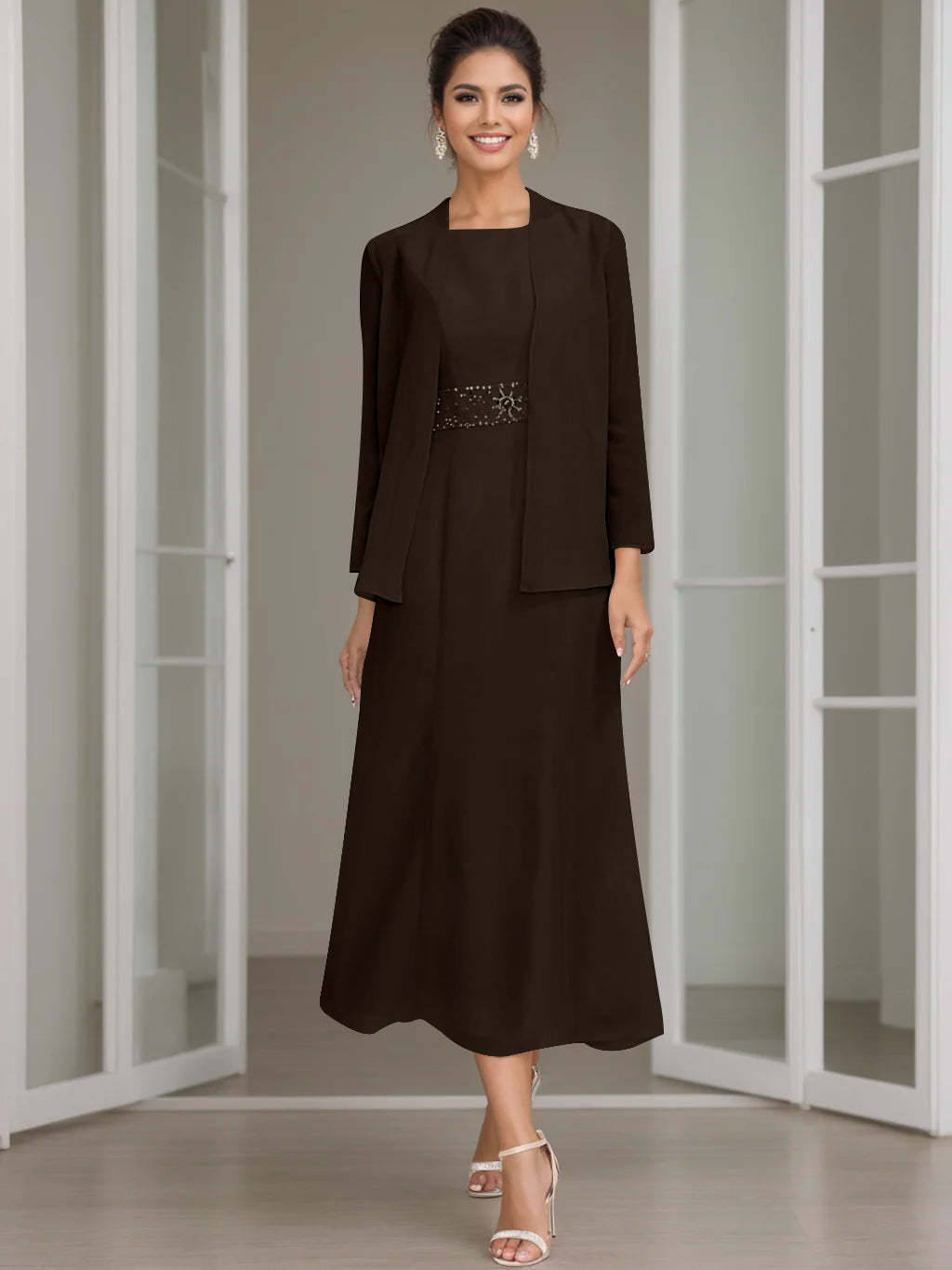 Tea-Length Mother of the Bride Sheath Dress with Beaded Jacket