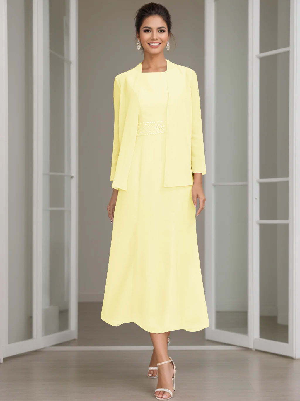 Tea-Length Mother of the Bride Sheath Dress with Beaded Jacket