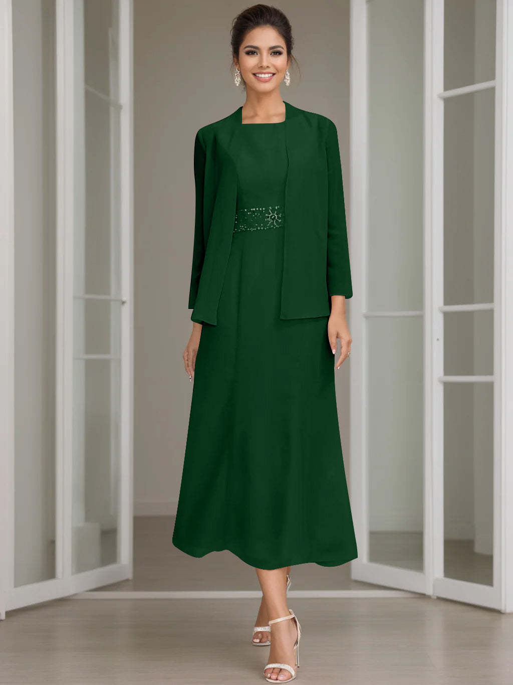 Tea-Length Mother of the Bride Sheath Dress with Beaded Jacket