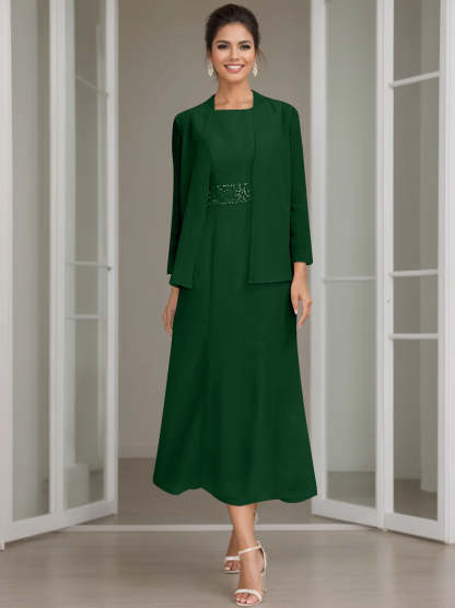 Tea-Length Mother of the Bride Sheath Dress with Beaded Jacket