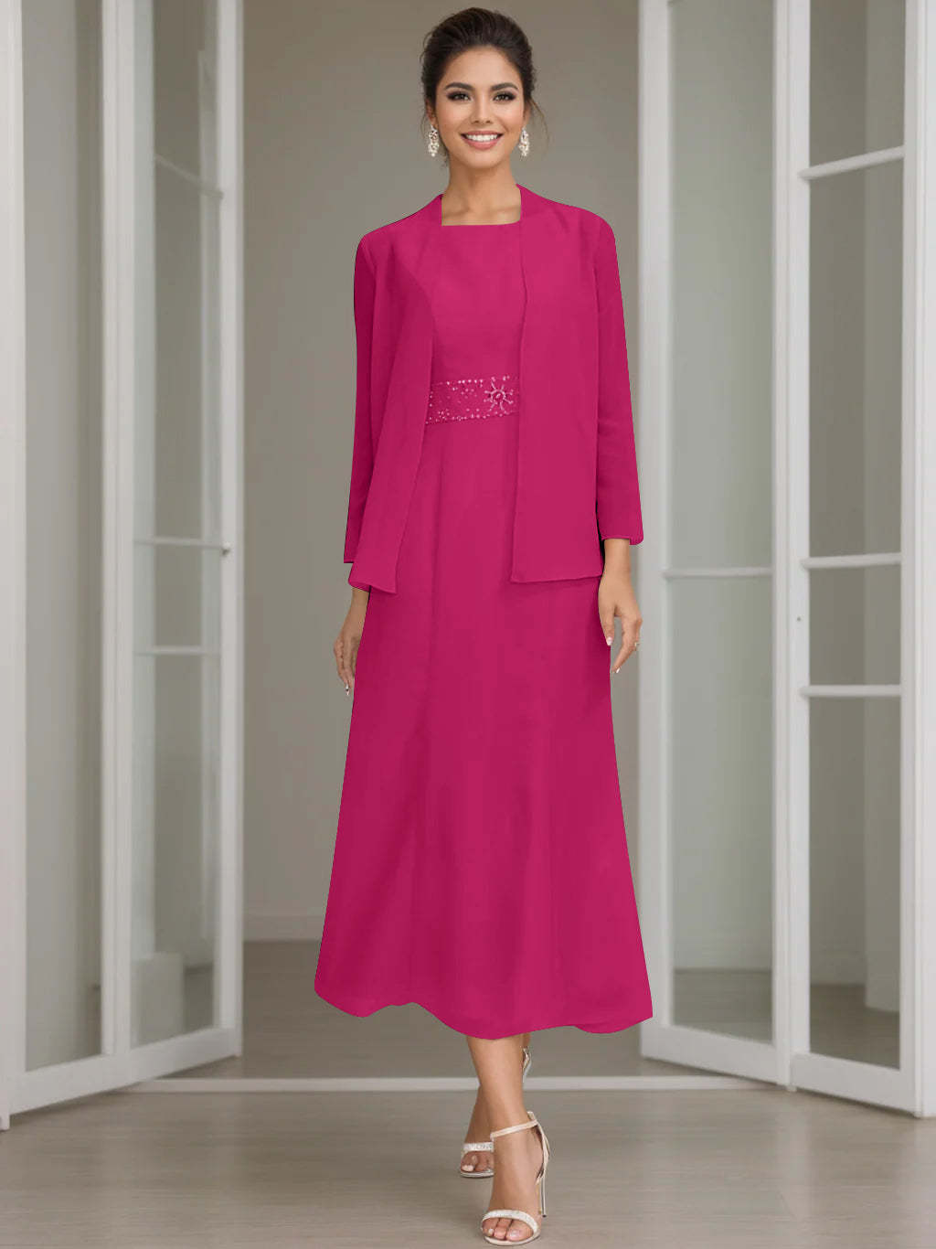 Tea-Length Mother of the Bride Sheath Dress with Beaded Jacket