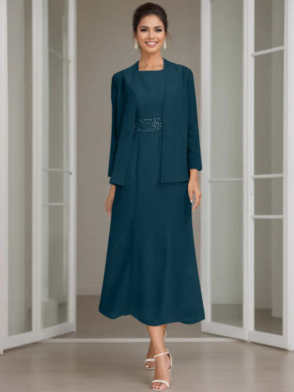 Tea-Length Mother of the Bride Sheath Dress with Beaded Jacket