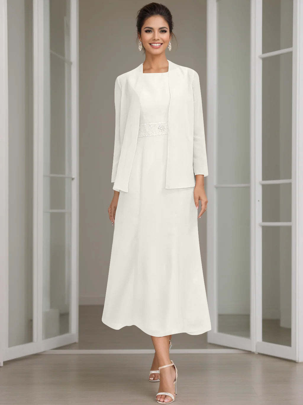 Tea-Length Mother of the Bride Sheath Dress with Beaded Jacket