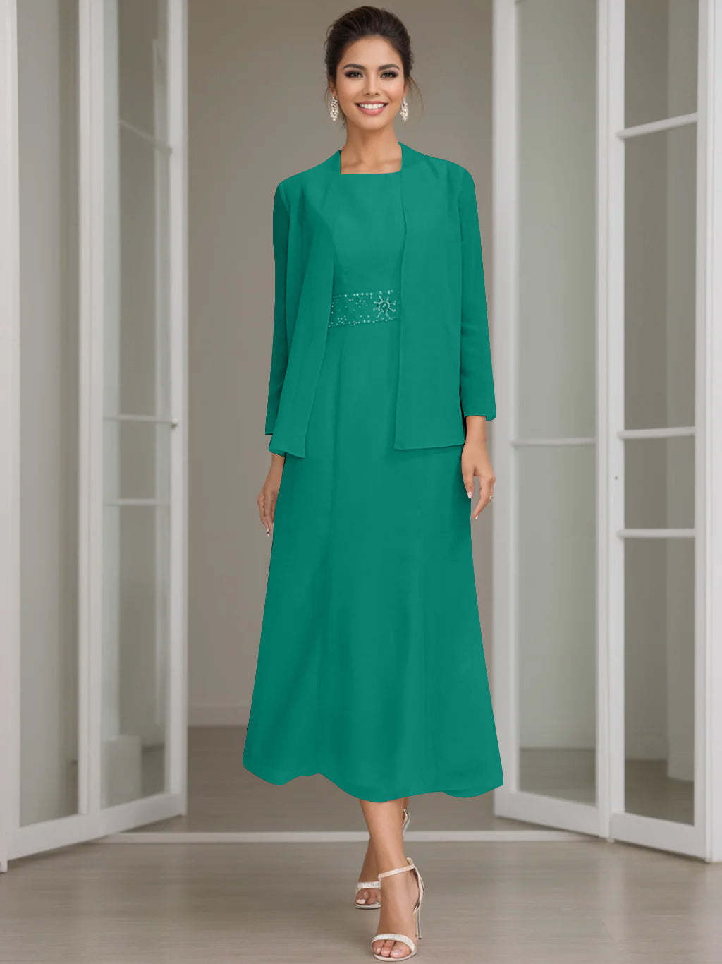 Tea-Length Mother of the Bride Sheath Dress with Beaded Jacket