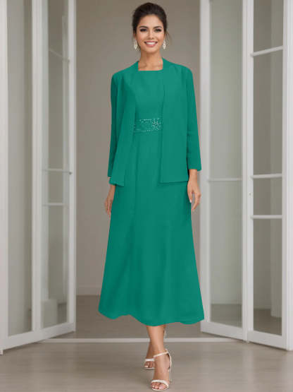 Tea-Length Mother of the Bride Sheath Dress with Beaded Jacket