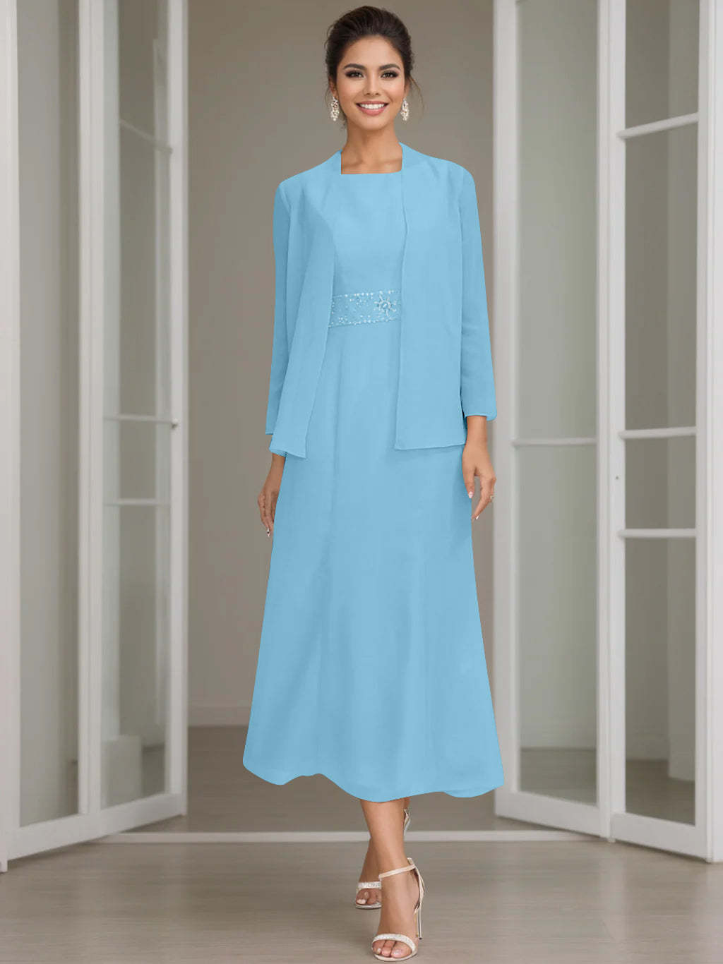 Tea-Length Mother of the Bride Sheath Dress with Beaded Jacket