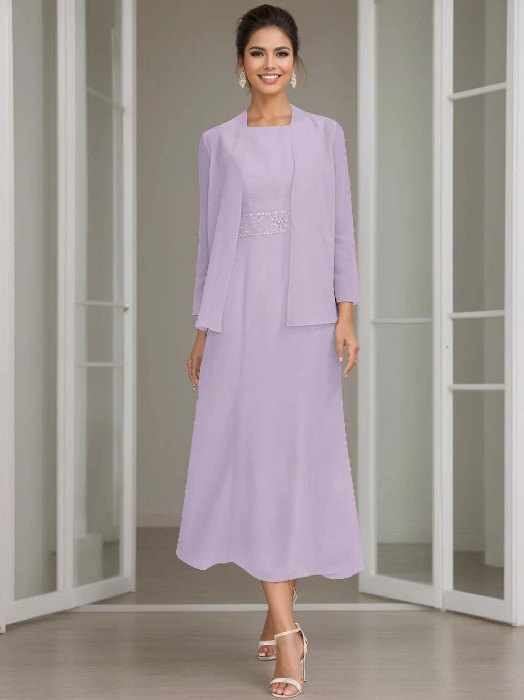 Tea-Length Mother of the Bride Sheath Dress with Beaded Jacket