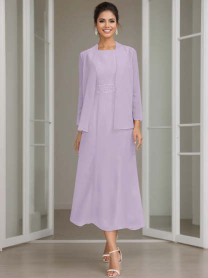 Tea-Length Mother of the Bride Sheath Dress with Beaded Jacket