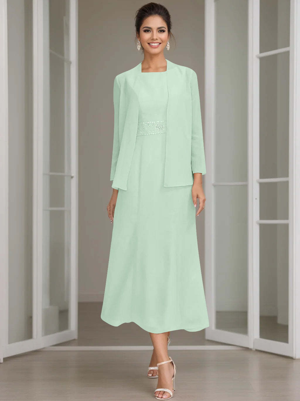 Tea-Length Mother of the Bride Sheath Dress with Beaded Jacket