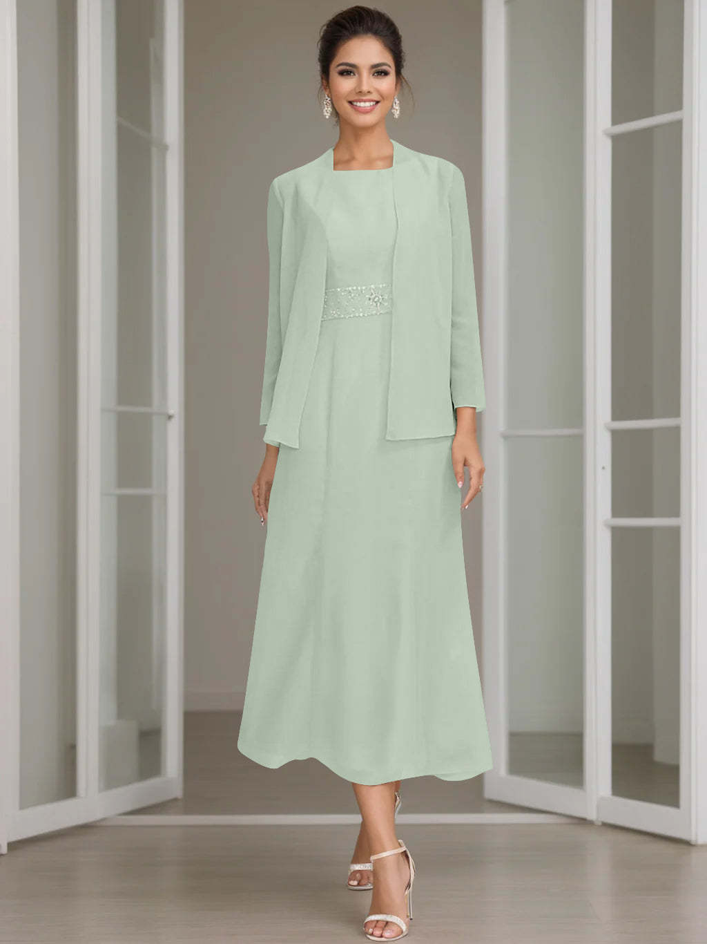 Tea-Length Mother of the Bride Sheath Dress with Beaded Jacket