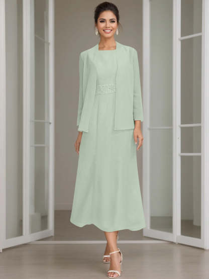 Tea-Length Mother of the Bride Sheath Dress with Beaded Jacket