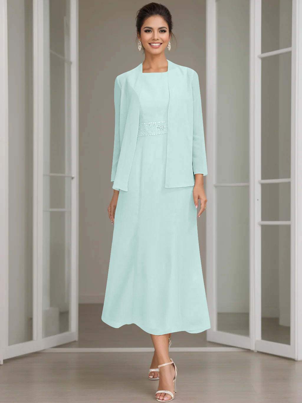 Tea-Length Mother of the Bride Sheath Dress with Beaded Jacket