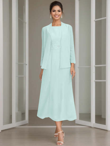 Tea-Length Mother of the Bride Sheath Dress with Beaded Jacket