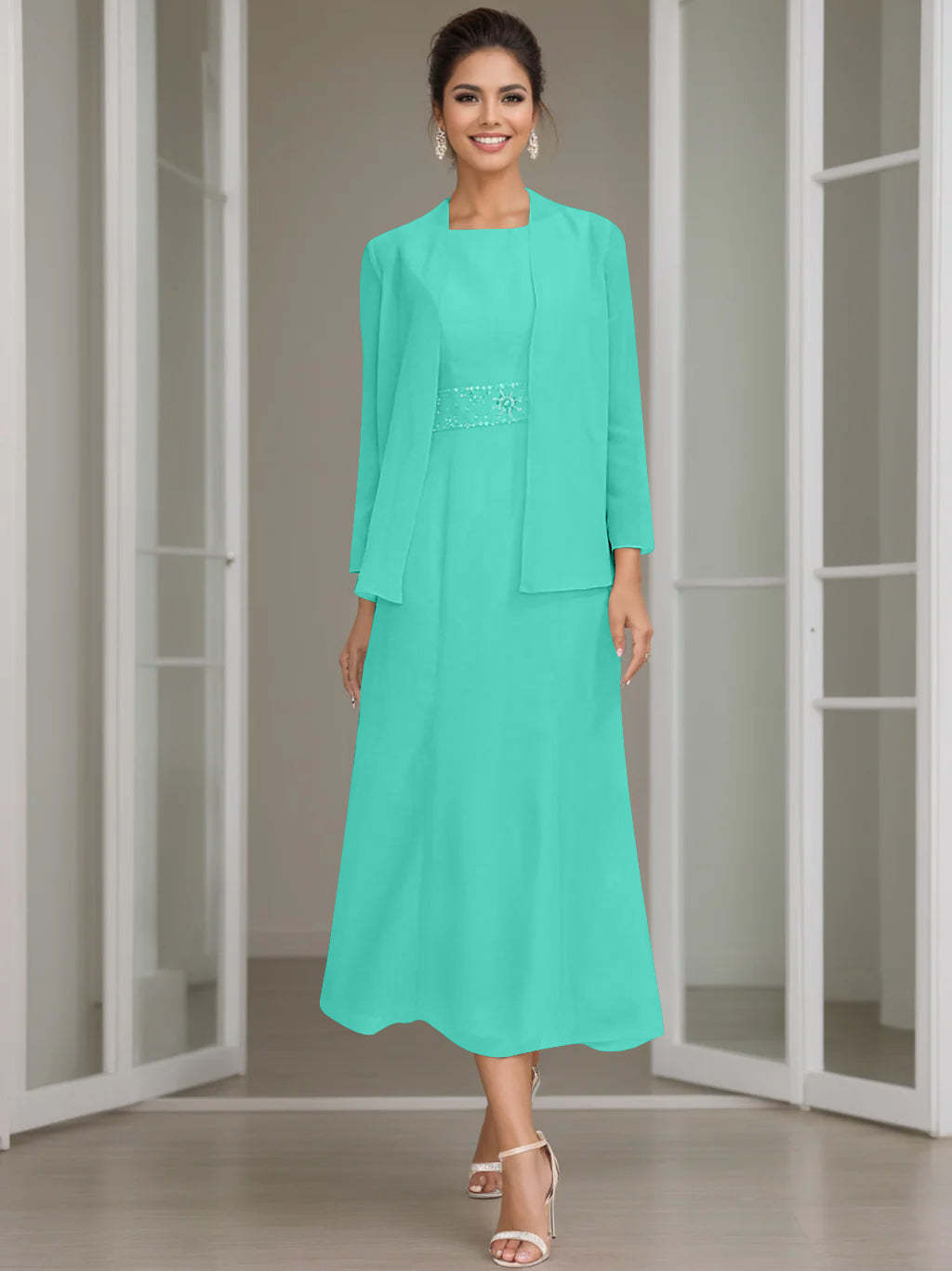 Tea-Length Mother of the Bride Sheath Dress with Beaded Jacket