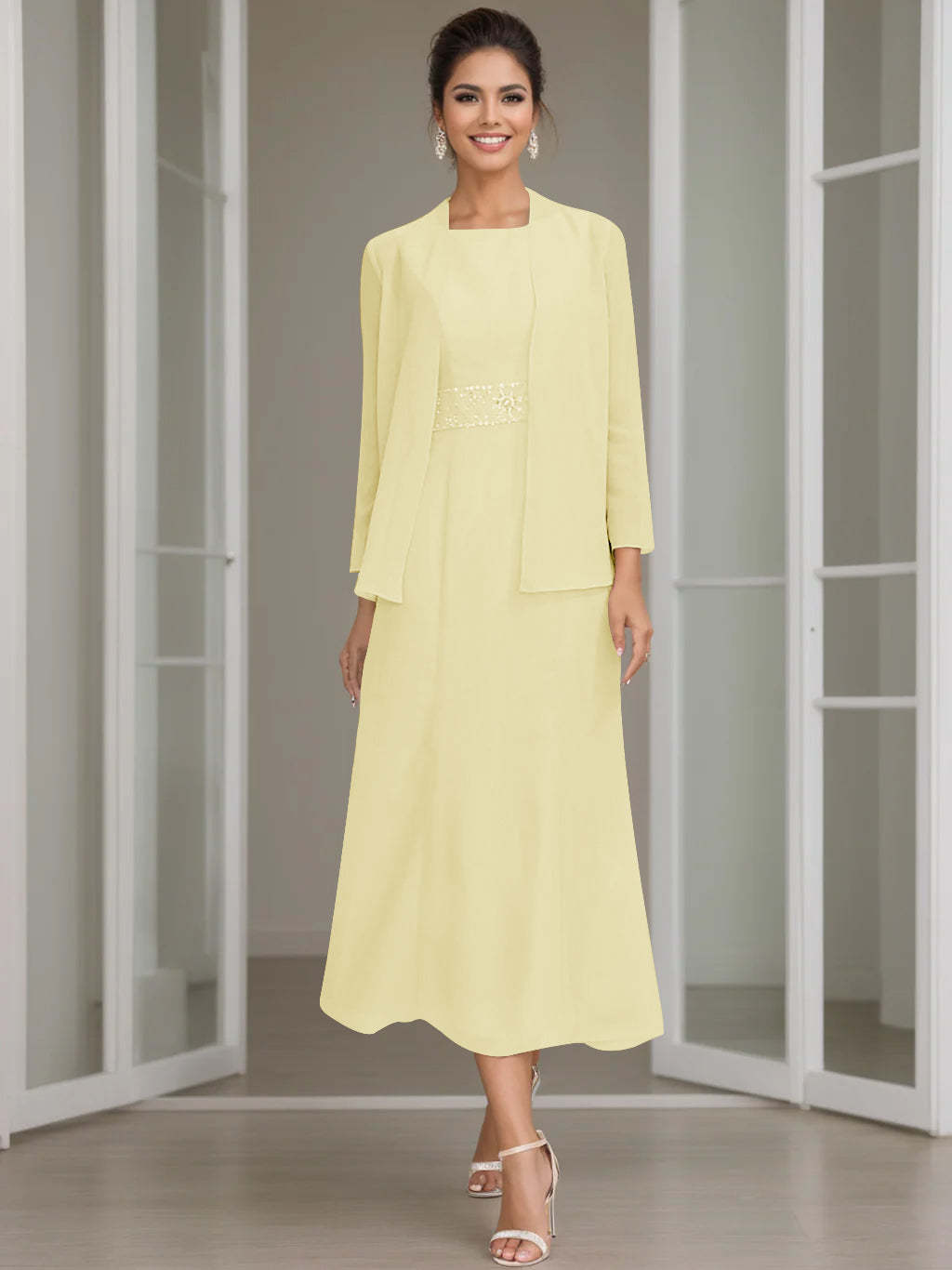 Tea-Length Mother of the Bride Sheath Dress with Beaded Jacket