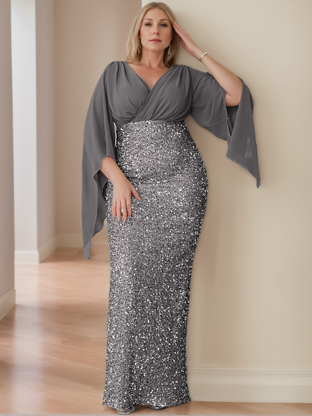 Unique Plus Size V-Neck Floor-Length Mother of the Bride Dress with Flare Sleeves and Sequined Sheath/Column Design