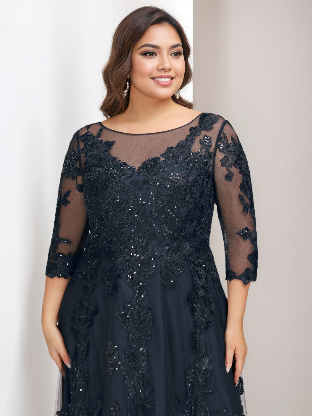 Plus Size Floor-Length Mother of the Bride A-Line Dress with 3/4 Sleeves and Sequins