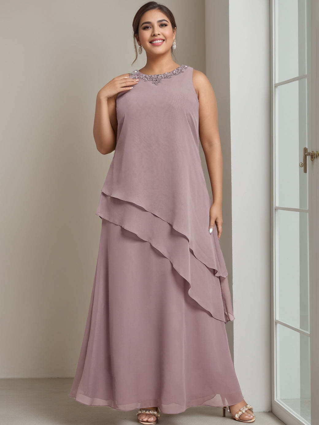 Plus Size Floor-Length Sleeveless A-Line Mother of the Bride Dress with Beading