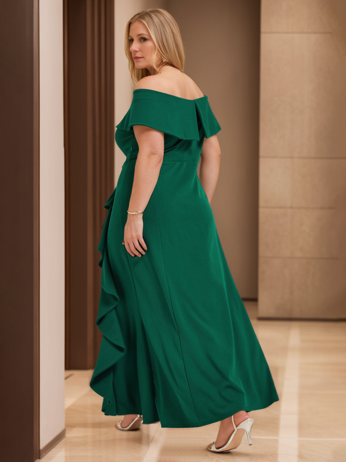 Off-the-Shoulder Sleeveless Floor-Length Plus Size Ruffled Sheath/Column Mother of the Bride Dress