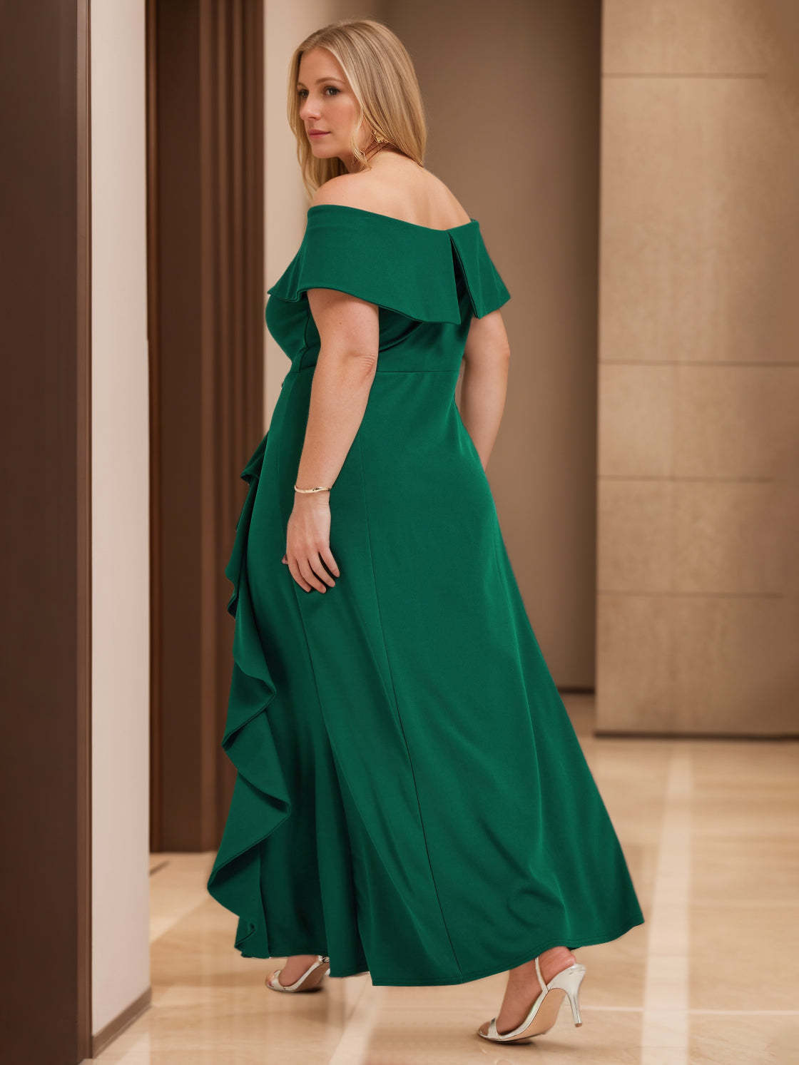 Off-the-Shoulder Sleeveless Floor-Length Plus Size Ruffled Sheath/Column Mother of the Bride Dress