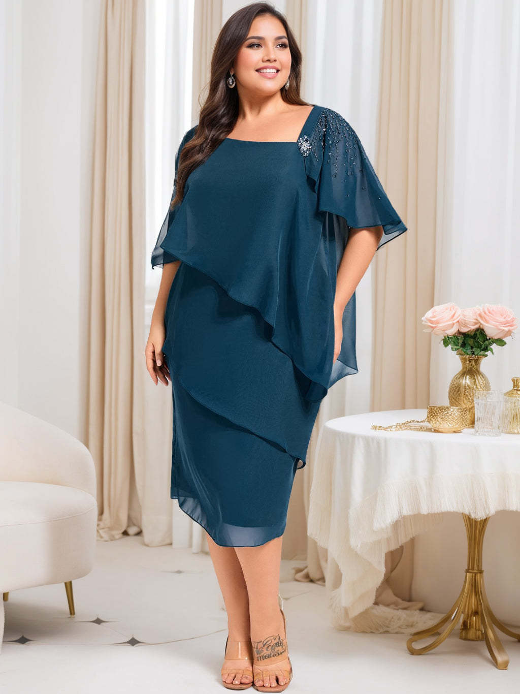 Plus Size Knee-Length Mother of the Bride Sheath/Column Dresses with Beading & Sequins