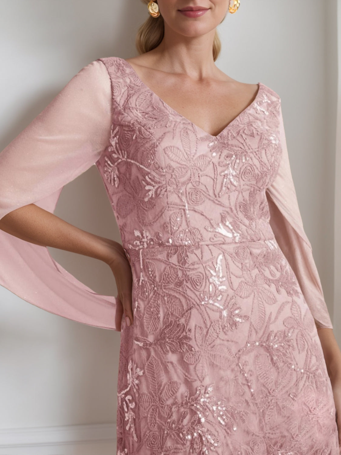 V-Neck A-Line Princess Ankle-Length Mother of the Bride Dress in Solid Color with Lace Half Sleeves