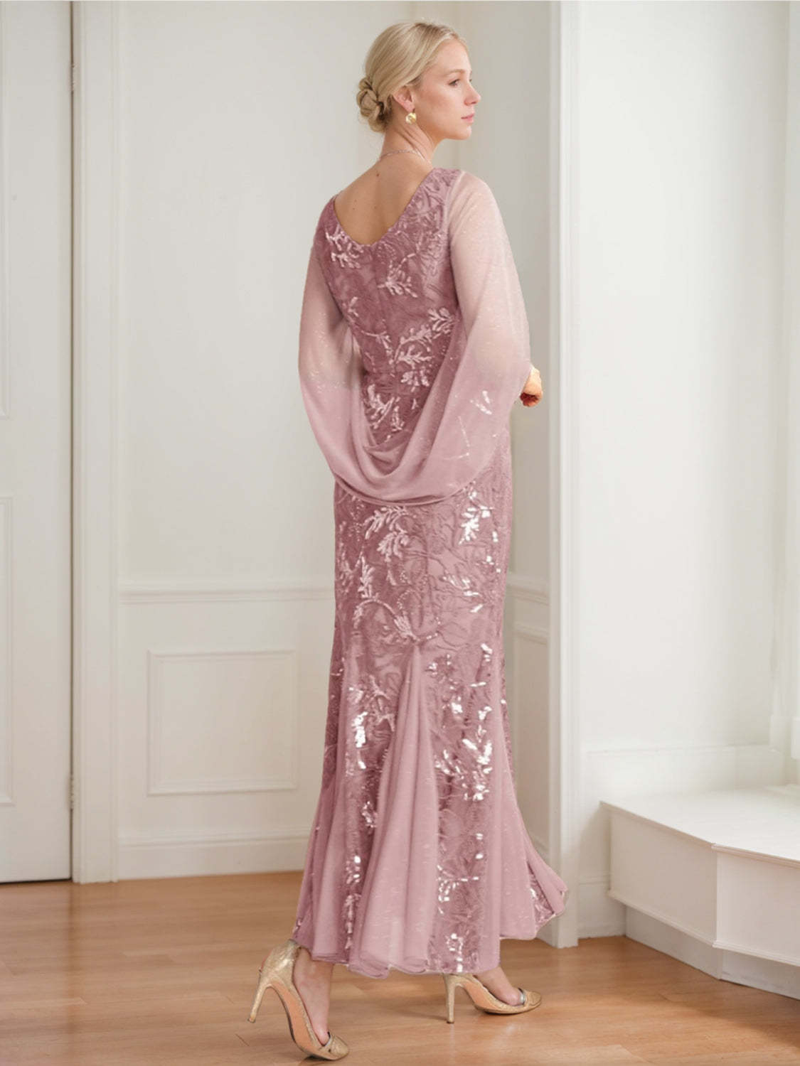 V-Neck A-Line Princess Ankle-Length Mother of the Bride Dress in Solid Color with Lace Half Sleeves