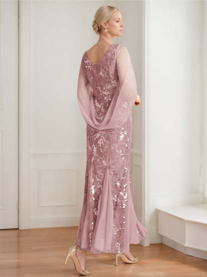 V-Neck A-Line Princess Ankle-Length Mother of the Bride Dress in Solid Color with Lace Half Sleeves
