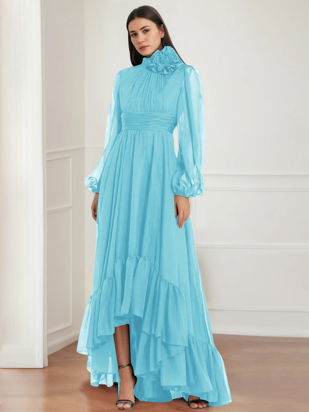 Asymmetrical A-Line Princess Jewel Neck Gown with Long Sleeves Ruffles & Floral Details