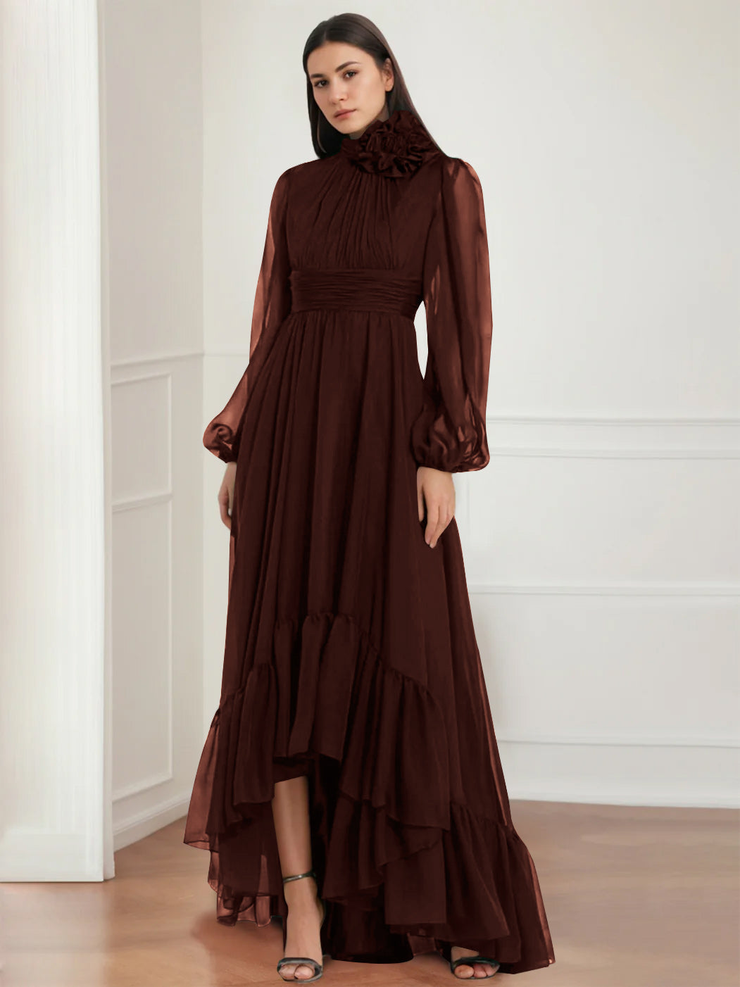 Asymmetrical A-Line Princess Jewel Neck Gown with Long Sleeves Ruffles & Floral Details