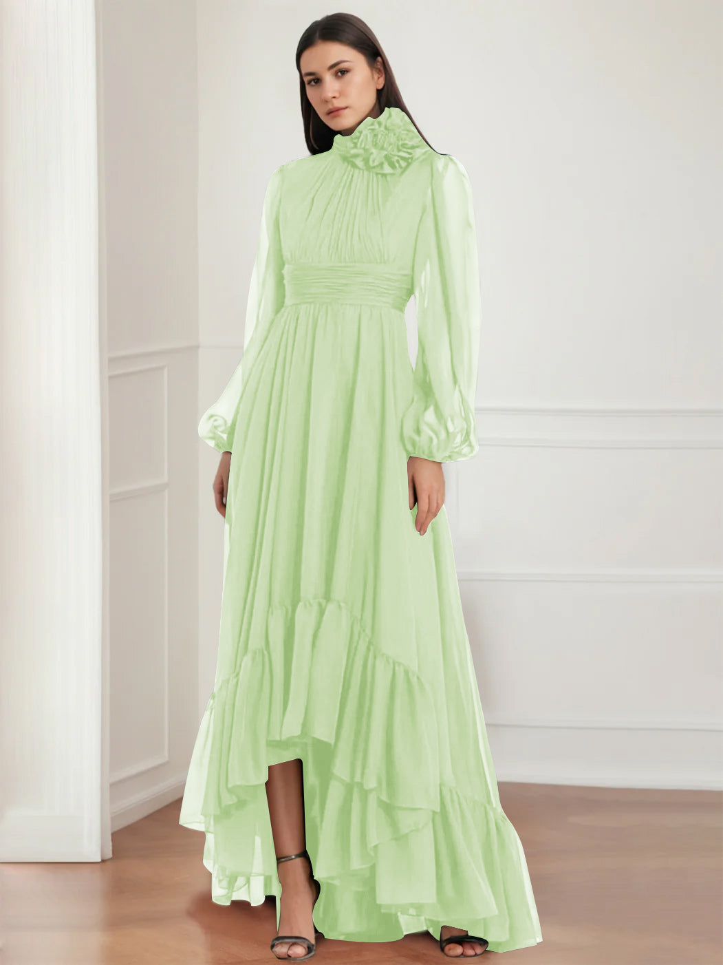 Asymmetrical A-Line Princess Jewel Neck Gown with Long Sleeves Ruffles & Floral Details