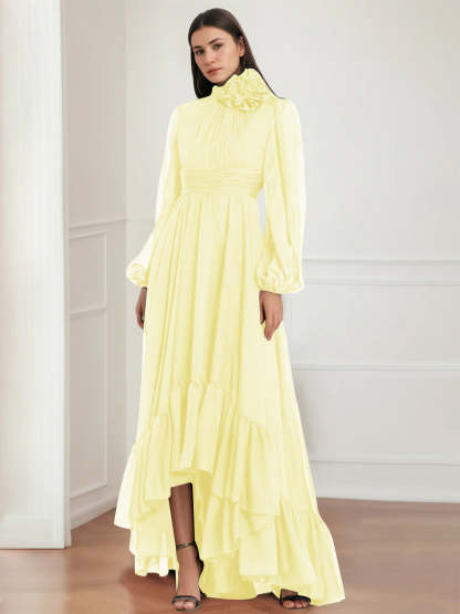 Asymmetrical A-Line Princess Jewel Neck Gown with Long Sleeves Ruffles & Floral Details