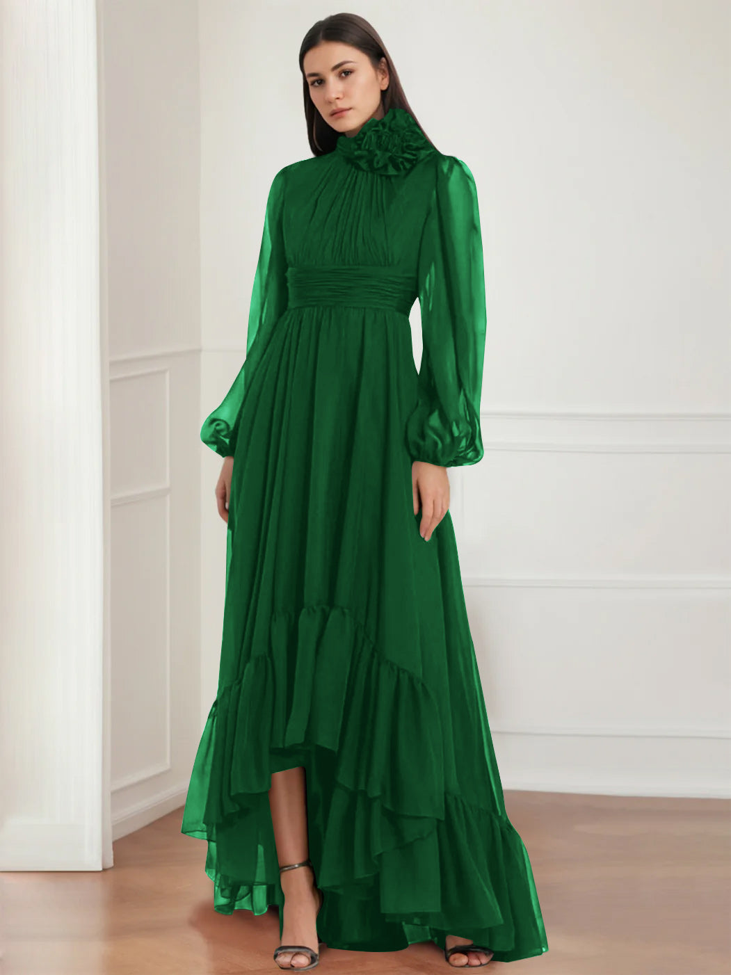Asymmetrical A-Line Princess Jewel Neck Gown with Long Sleeves Ruffles & Floral Details
