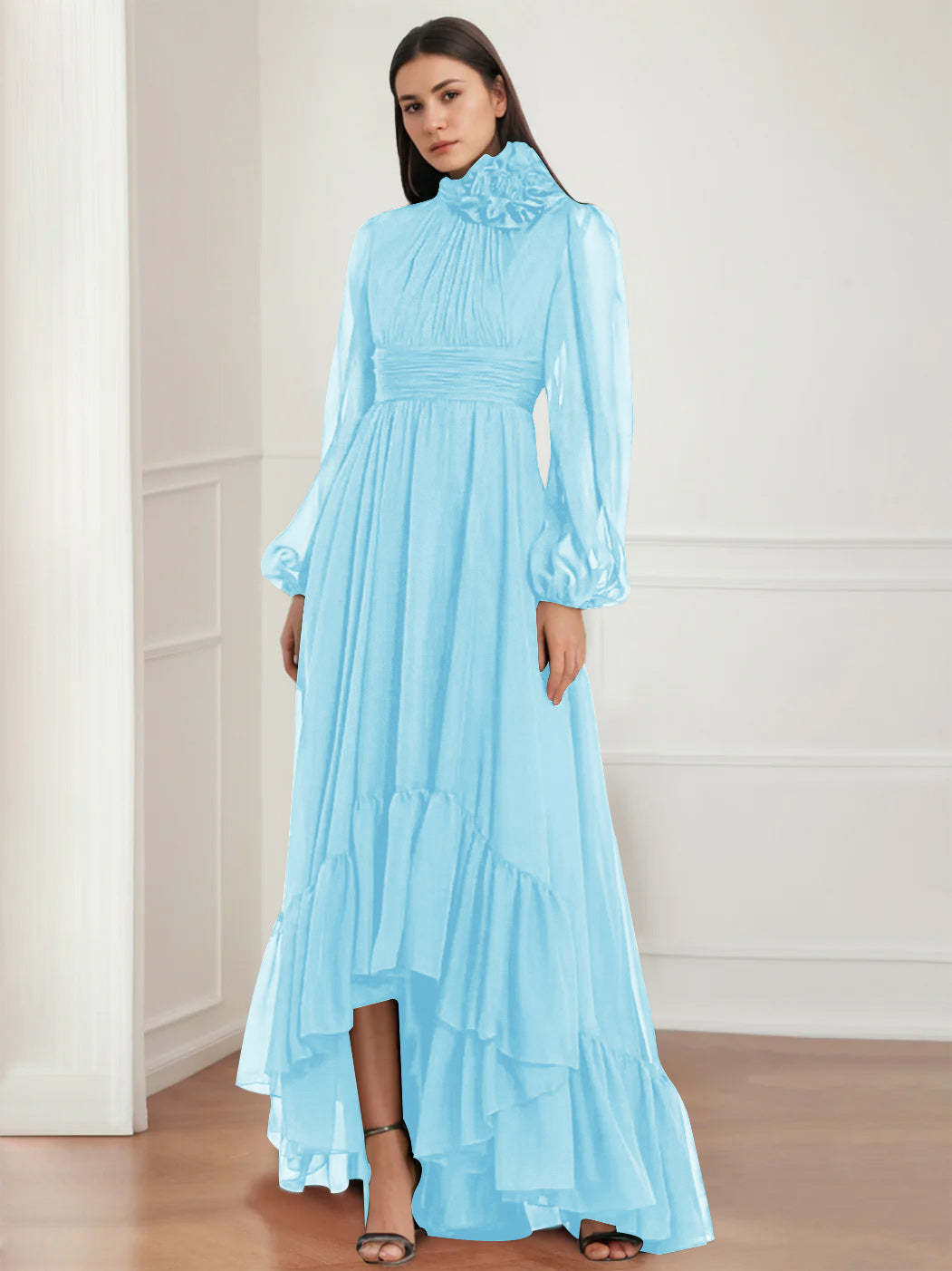 Asymmetrical A-Line Princess Jewel Neck Gown with Long Sleeves Ruffles & Floral Details