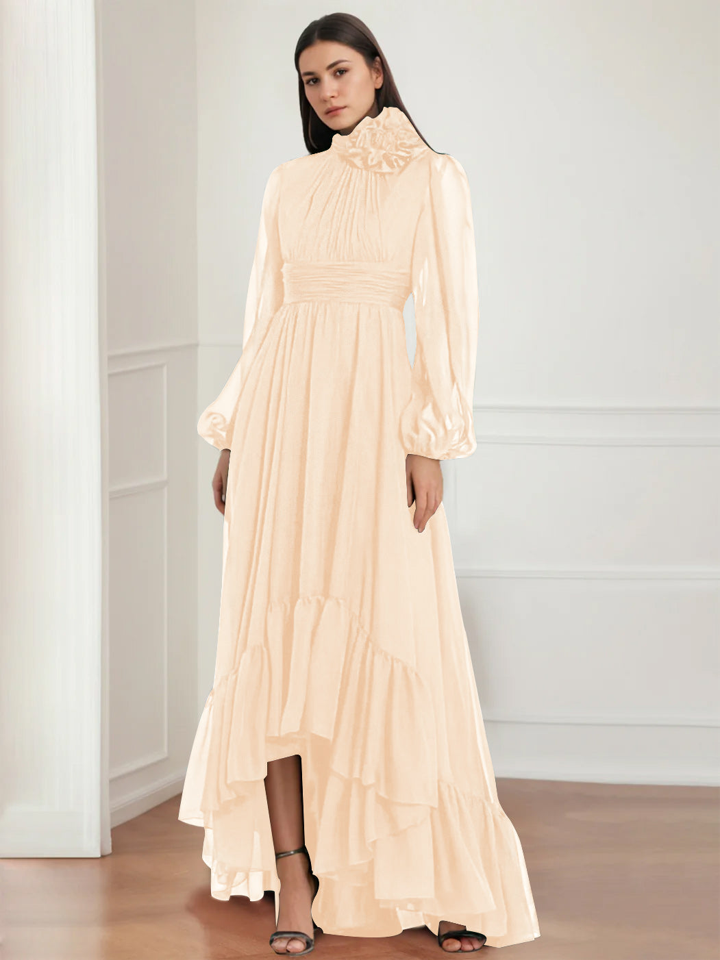 Asymmetrical A-Line Princess Jewel Neck Gown with Long Sleeves Ruffles & Floral Details