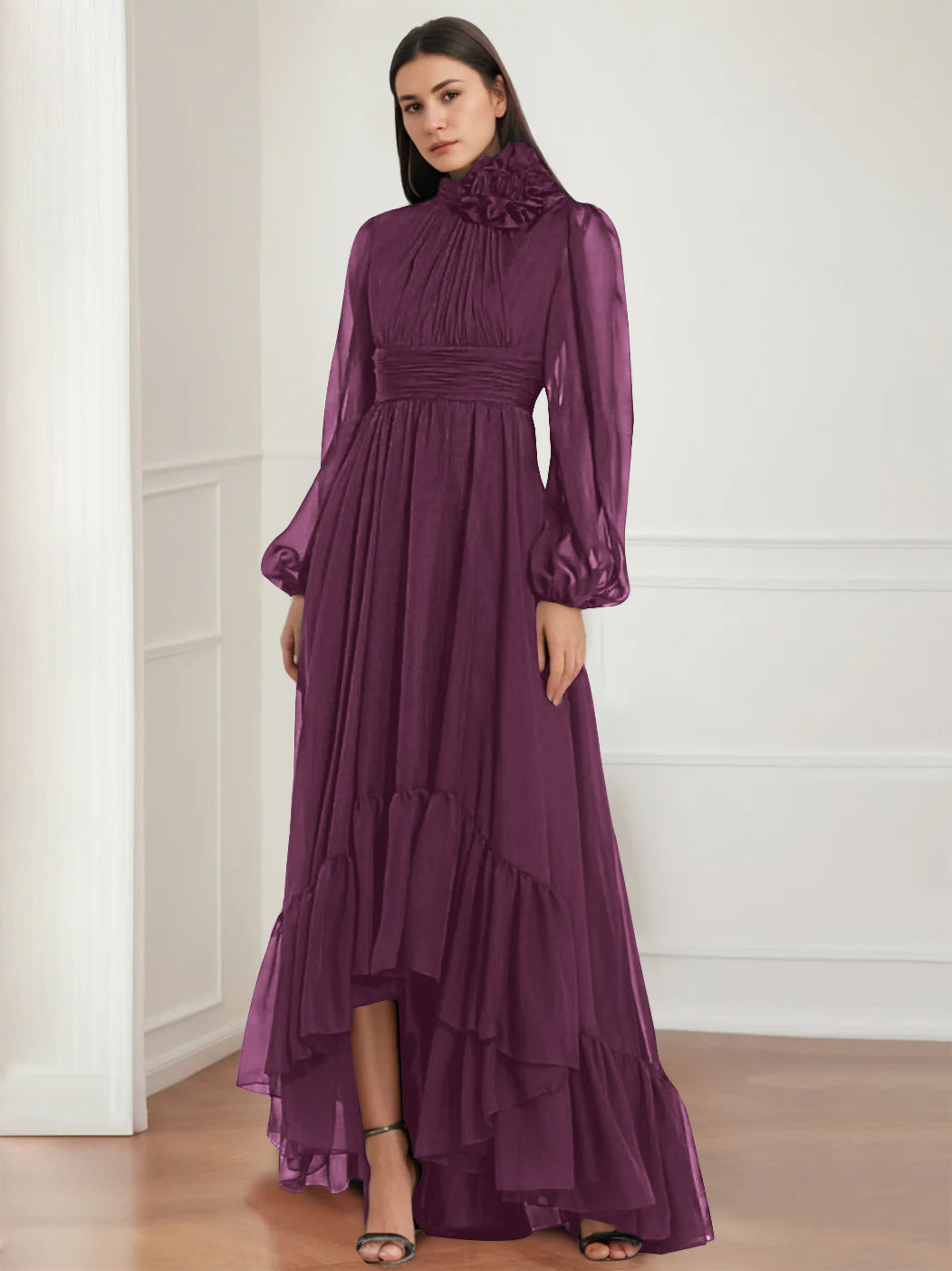 Asymmetrical A-Line Princess Jewel Neck Gown with Long Sleeves Ruffles & Floral Details
