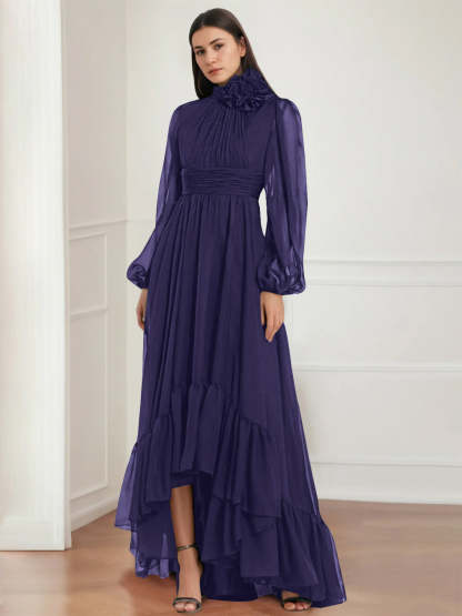 Asymmetrical A-Line Princess Jewel Neck Gown with Long Sleeves Ruffles & Floral Details