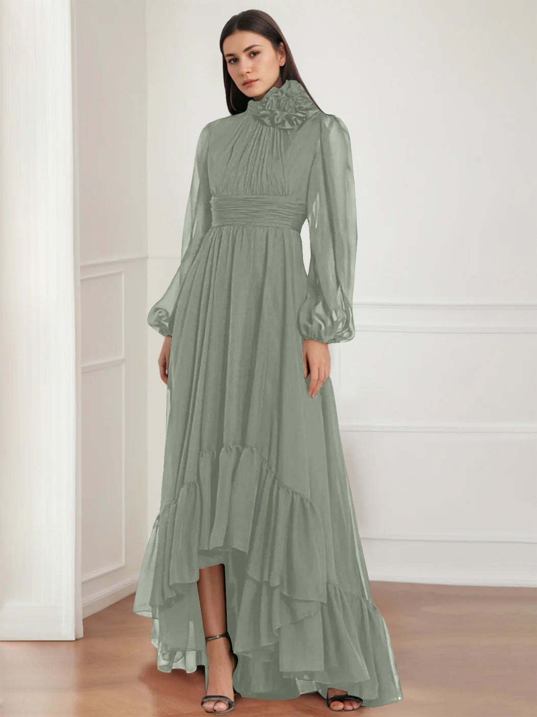 Asymmetrical A-Line Princess Jewel Neck Gown with Long Sleeves Ruffles & Floral Details