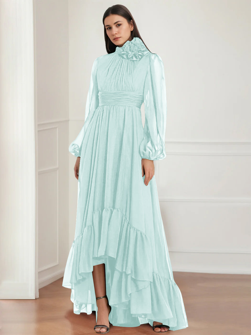Asymmetrical A-Line Princess Jewel Neck Gown with Long Sleeves Ruffles & Floral Details