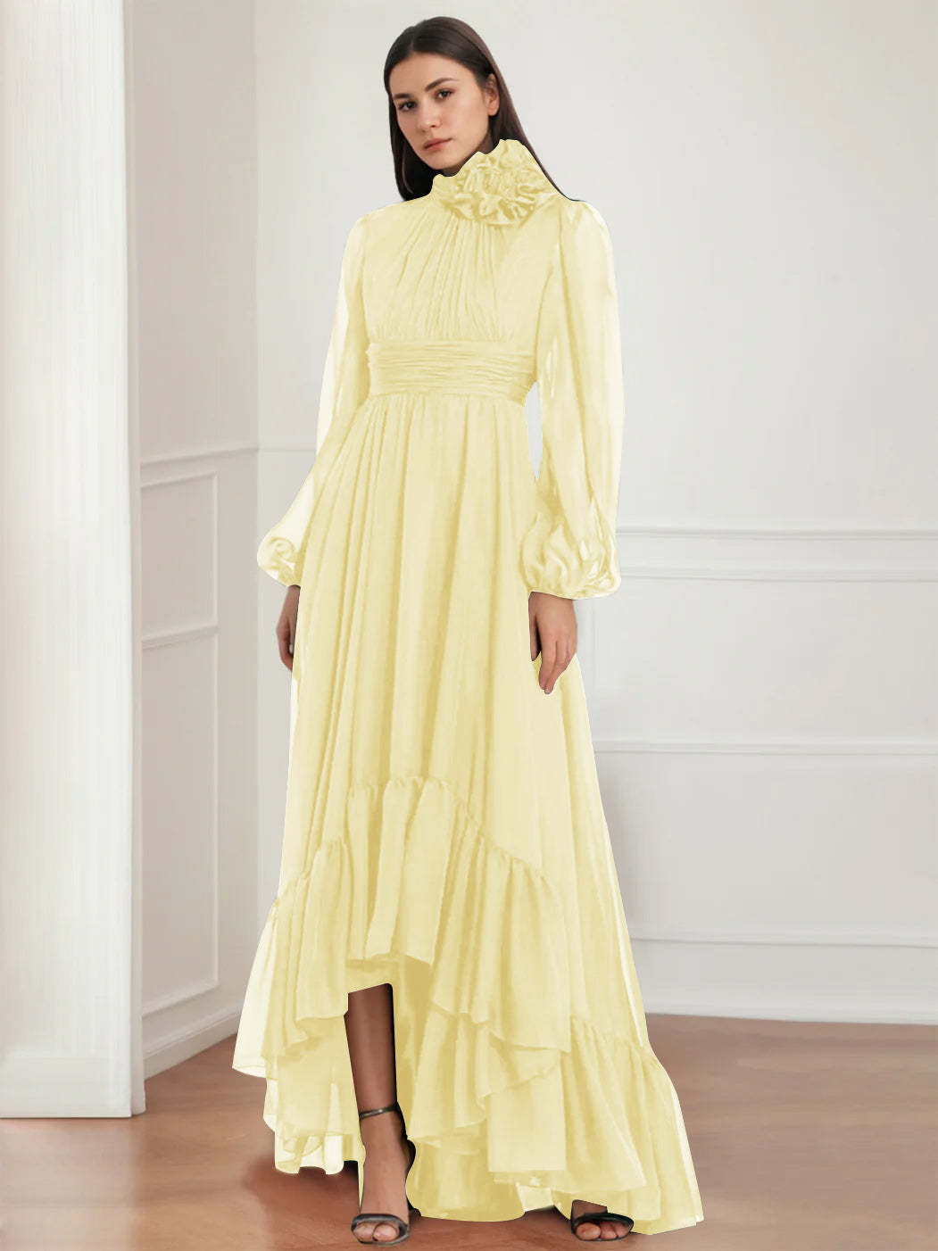 Asymmetrical A-Line Princess Jewel Neck Gown with Long Sleeves Ruffles & Floral Details