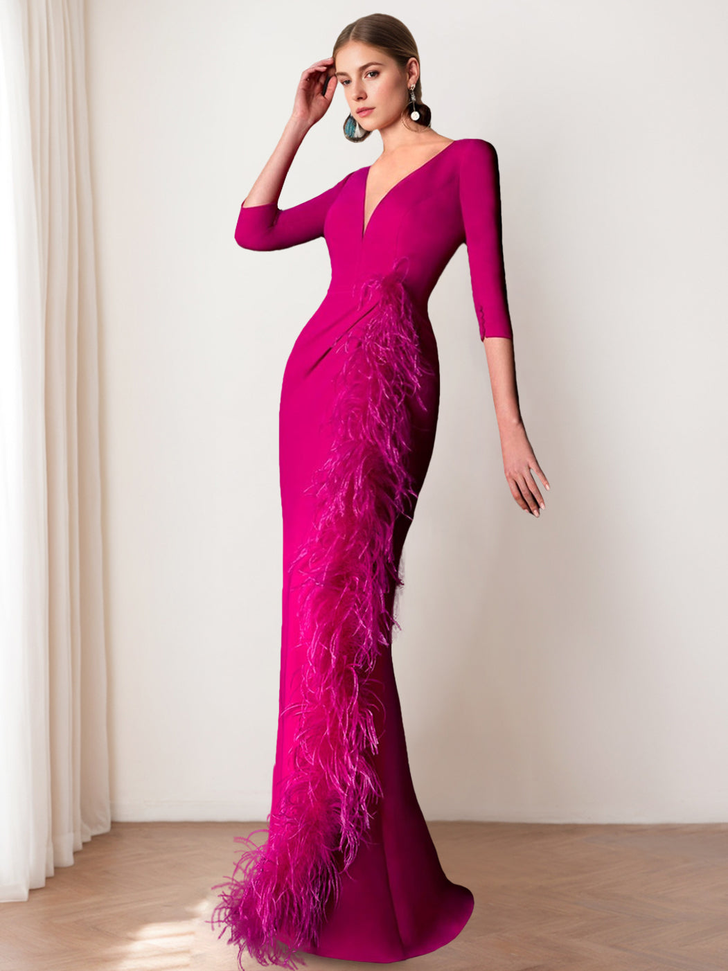 V-Neck 3/4 Sleeve Floor-Length Mother of the Bride Sheath Dress with Feathers