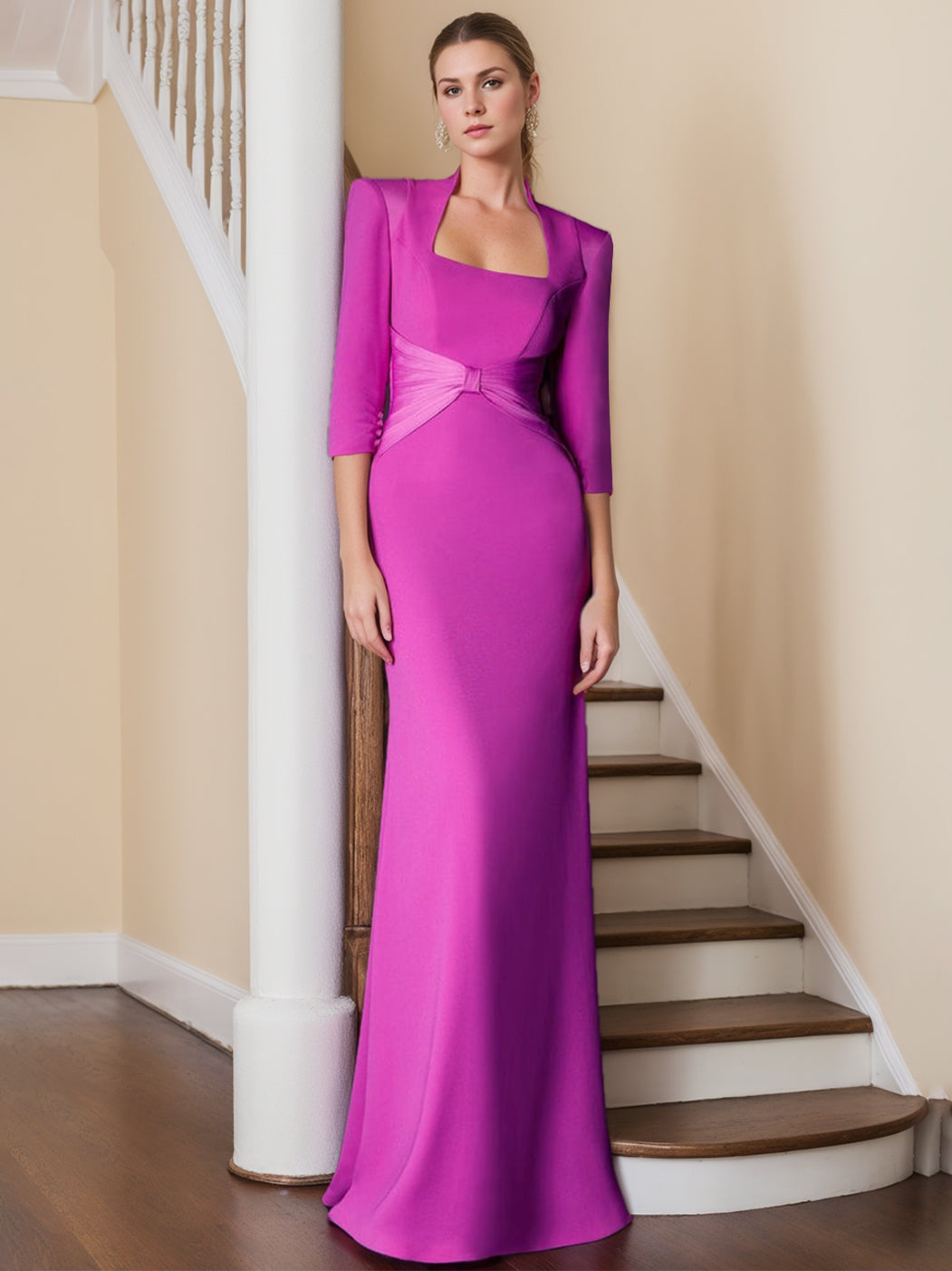 Unique Floor-Length Mother of the Bride Dress with Ruffles and 3/4 Sleeves