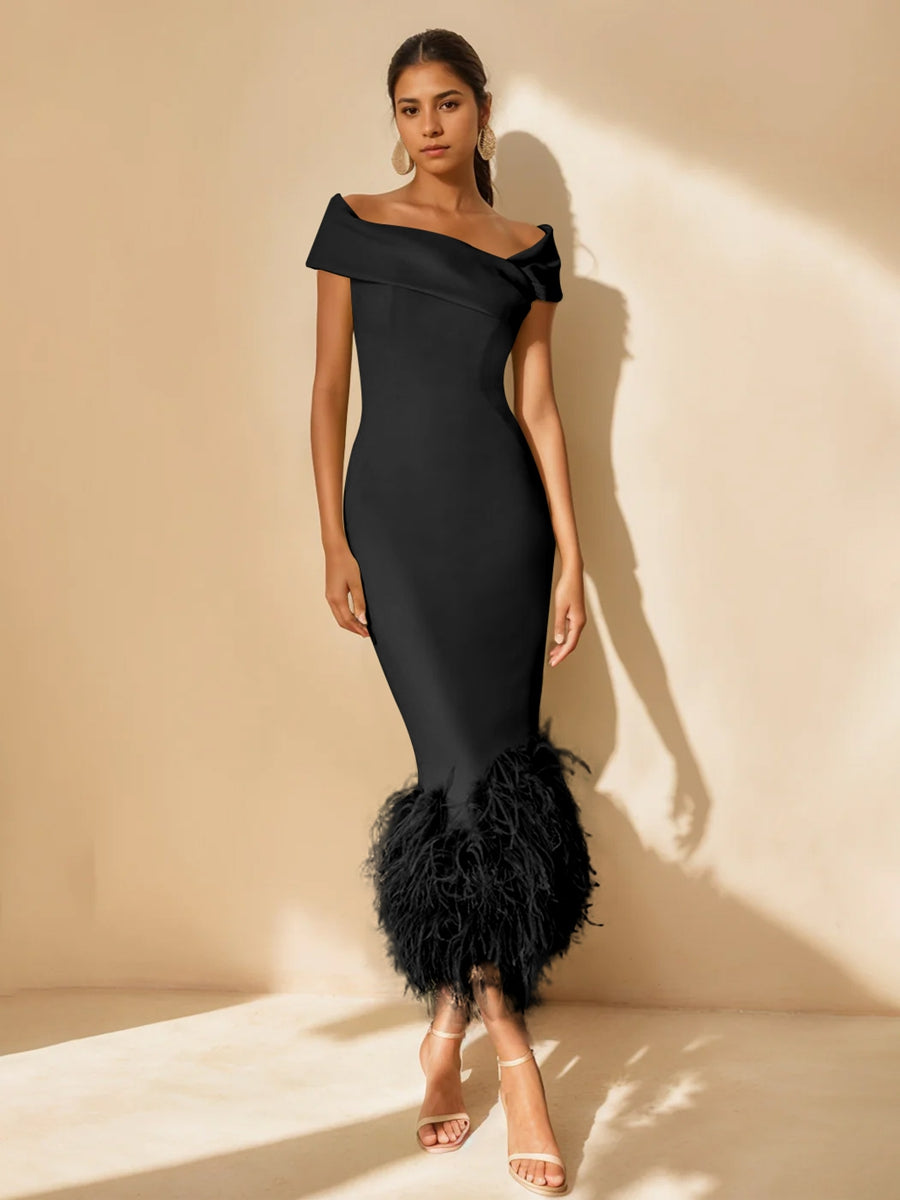 Unique Off-the-Shoulder Tea-Length Mother of the Bride Dress with Short Sleeves and Feathers