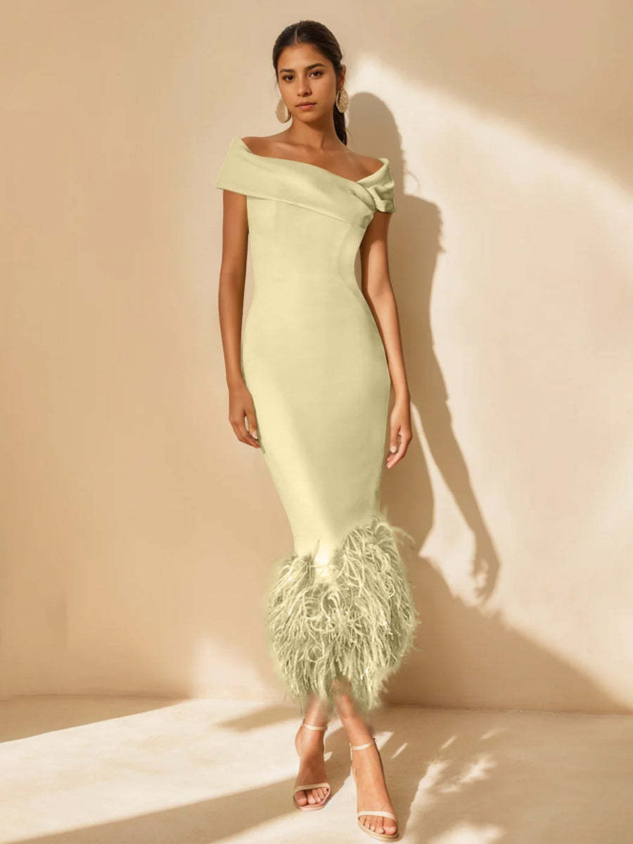 Unique Off-the-Shoulder Tea-Length Mother of the Bride Dress with Short Sleeves and Feathers