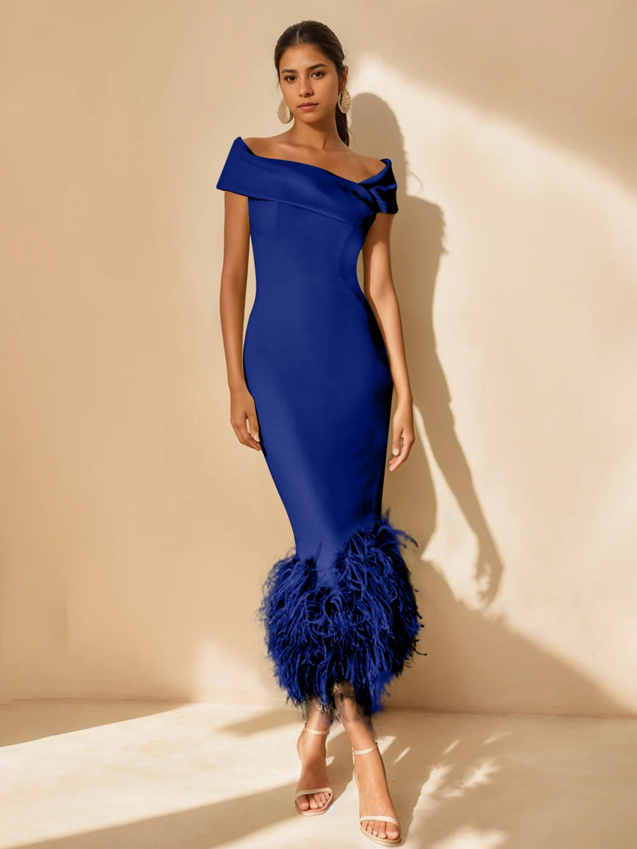 Unique Off-the-Shoulder Tea-Length Mother of the Bride Dress with Short Sleeves and Feathers