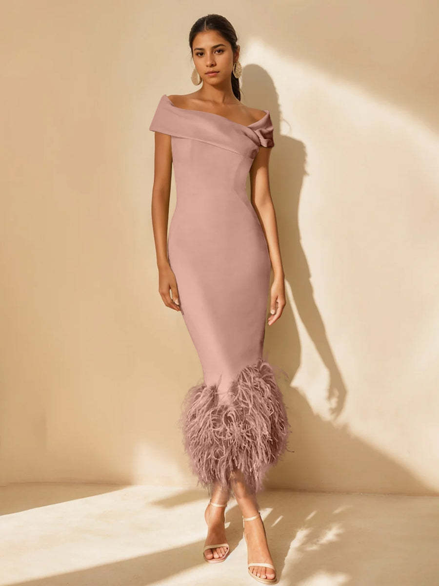 Unique Off-the-Shoulder Tea-Length Mother of the Bride Dress with Short Sleeves and Feathers