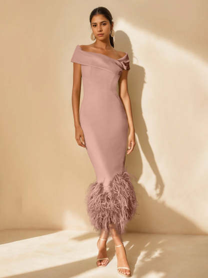 Unique Off-the-Shoulder Tea-Length Mother of the Bride Dress with Short Sleeves and Feathers